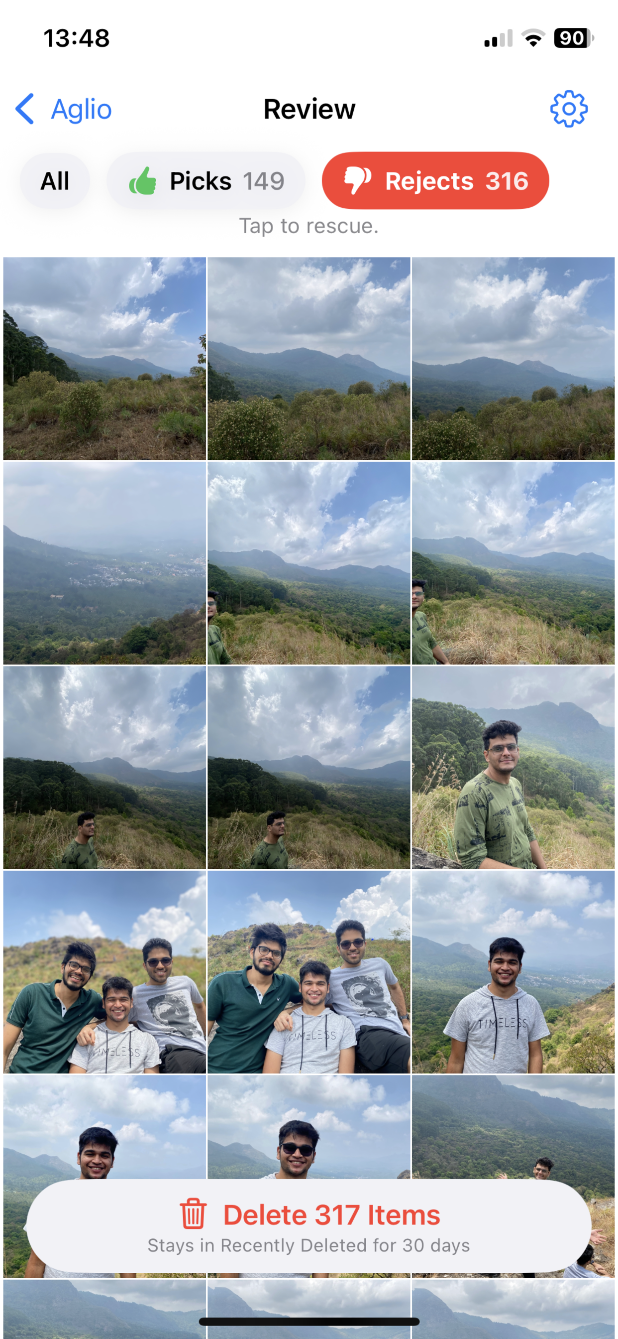 Rejects view showing a burst selection.