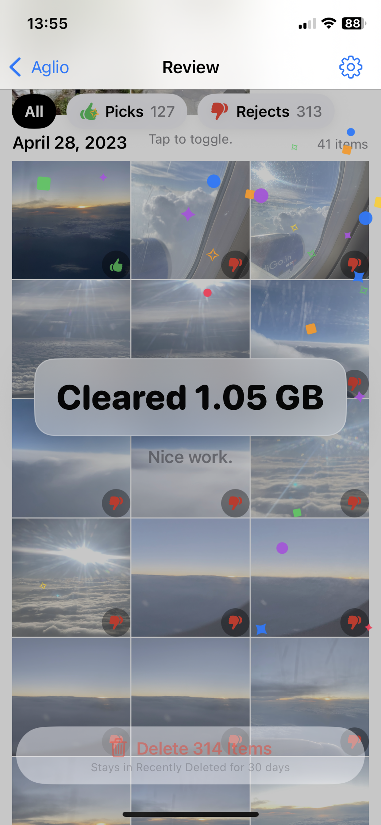 Aglio review screen showing a cleared storage confirmation.